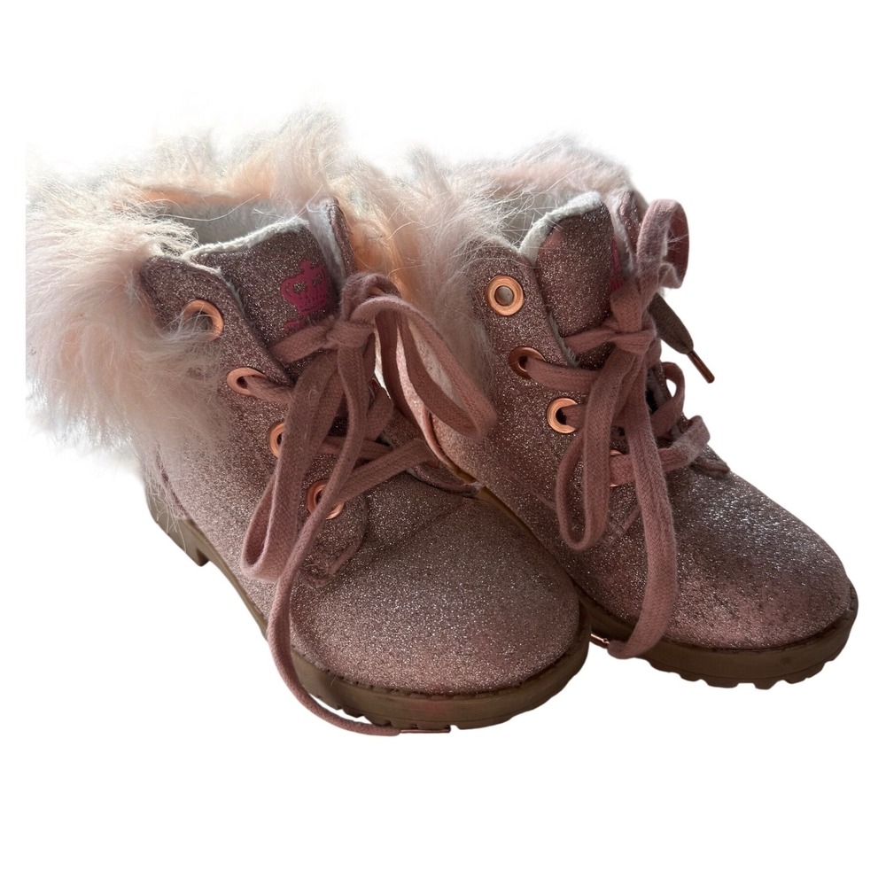 Juicy Couture Girls Pink Glitter Fur Lined Winter Boots Lace Up Size 11